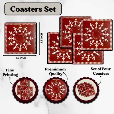 Warli Art Coaster for Table Decor | Coaster Set fit for Tea Cups and Coffee Mugs Also chai Lover Gifts | Traditional Coasters Set of 4